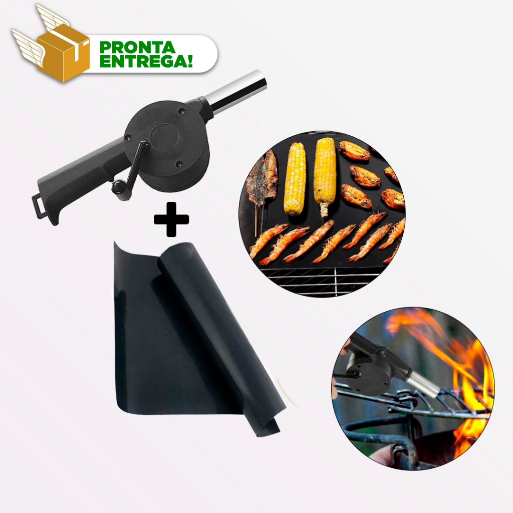 Soprador Acendedor SemiManual de Carvão e Churrasqueira Para Churrasco e Grelhas a Carvão + Manta Grill  Tapete Teflon Antiaderente Para Grelha Churrasqueira Clink Kit Churrasco