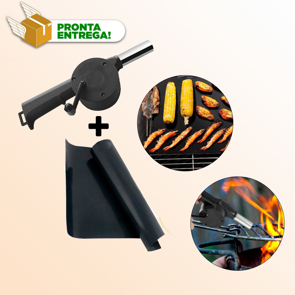 Manta Grill  Tapete Teflon Antiaderente Para Grelha Churrasqueira Clink + Soprador Acendedor SemiManual de Carvão e Churrasqueira Para Churrasco e Grelhas a Carvão Kit Churrasco