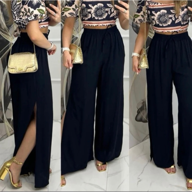Calça pantalona feminina viscose com forro aberto lateral pra verão em Oferta na Shopee