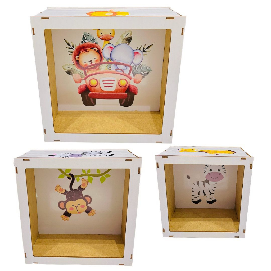 Kit 3 Nicho Quadrado de Parede  Quarto do Bebê Montado Safari Bichos em Oferta na Shopee
