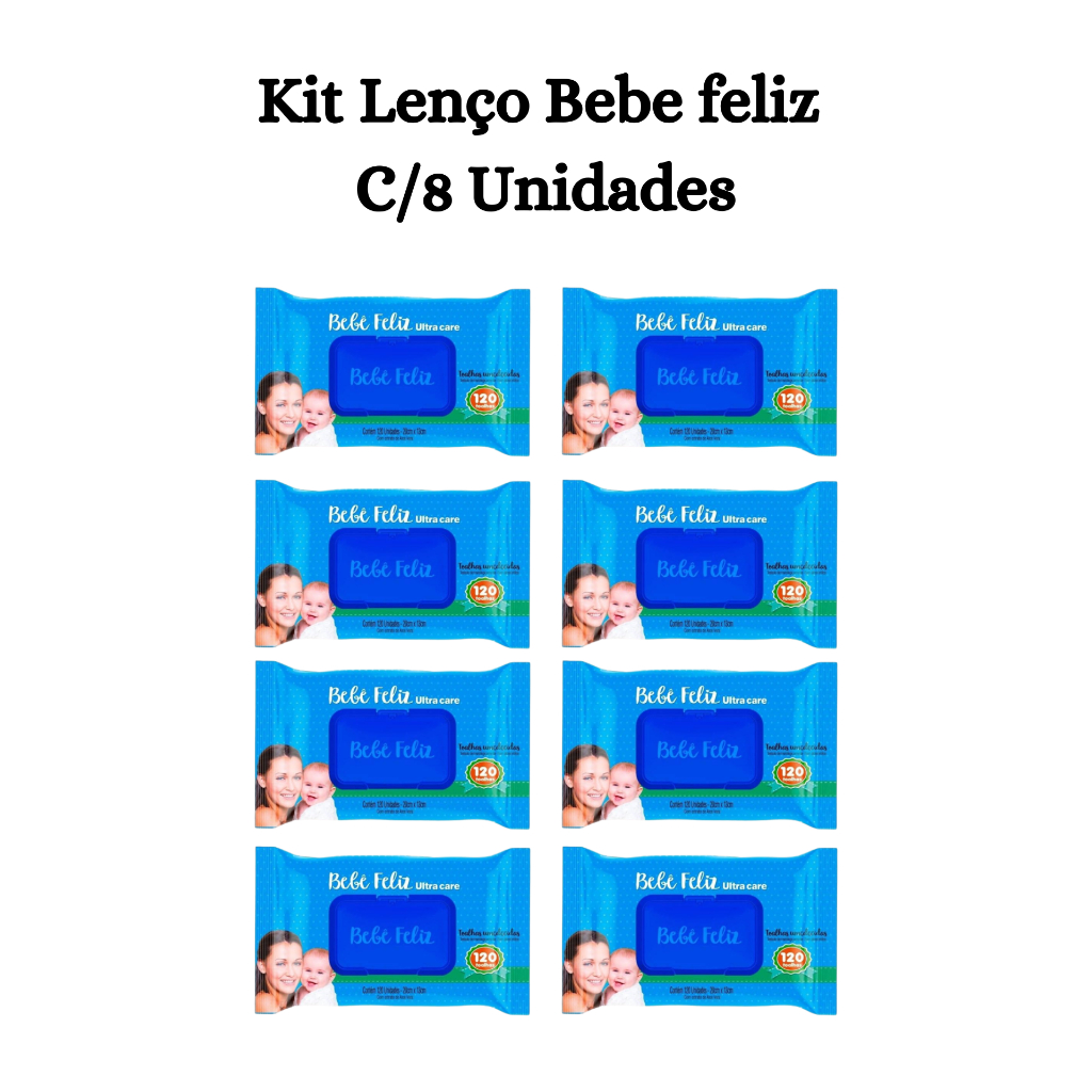 kit c/ 960 Unidades de Lenços/Toalhas Umedecidos Bebê | Feliz Ultra Care - Com Tampinha 120 Unidades cada