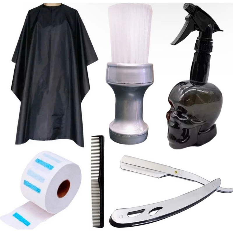 Kit barbeiro profissional, Capa de corte + Borrifador + Espanador + Navalhete + Gola Higienica + Pente de carbono