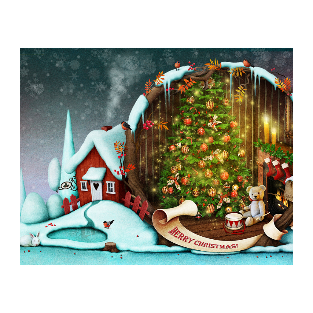 Painel 3d Sublimado Fundo Fotográfico Árvore de Natal e Casinha Merry Christmas