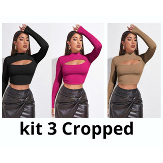 Kit 3 Cropped Malha Canelado Blusa Manga Longa Gola Alta Moda Gringa