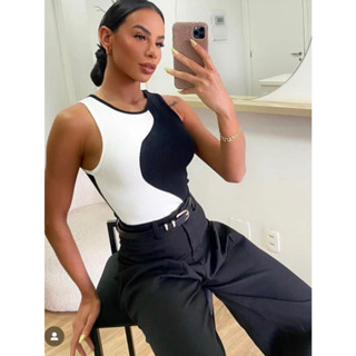 Body Feminino Bicolor Regata Tecido Anarruga Testurizado Com Algodão/ Coleção Verão/ Moda Casual e Elegante