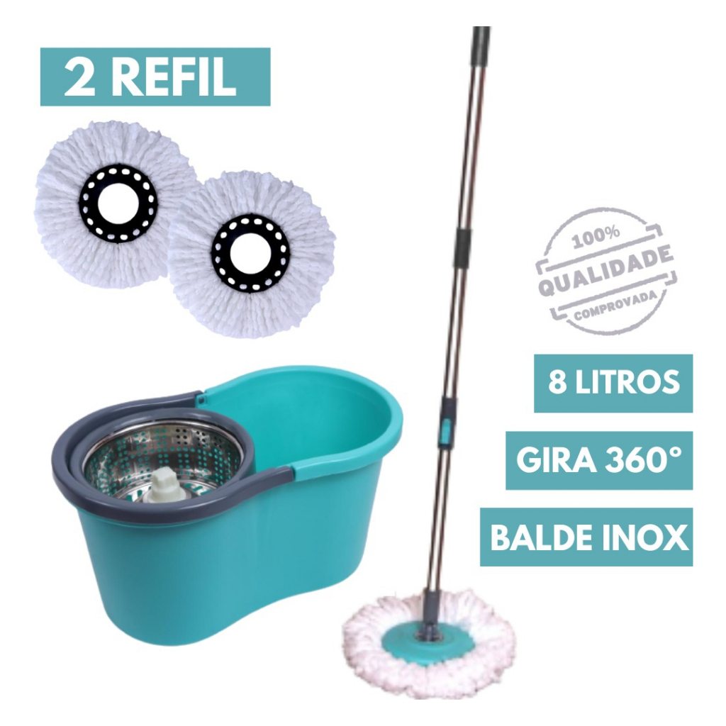 Balde Spin Mop Giratório Cesto Inox Esfregão + 2 Refil