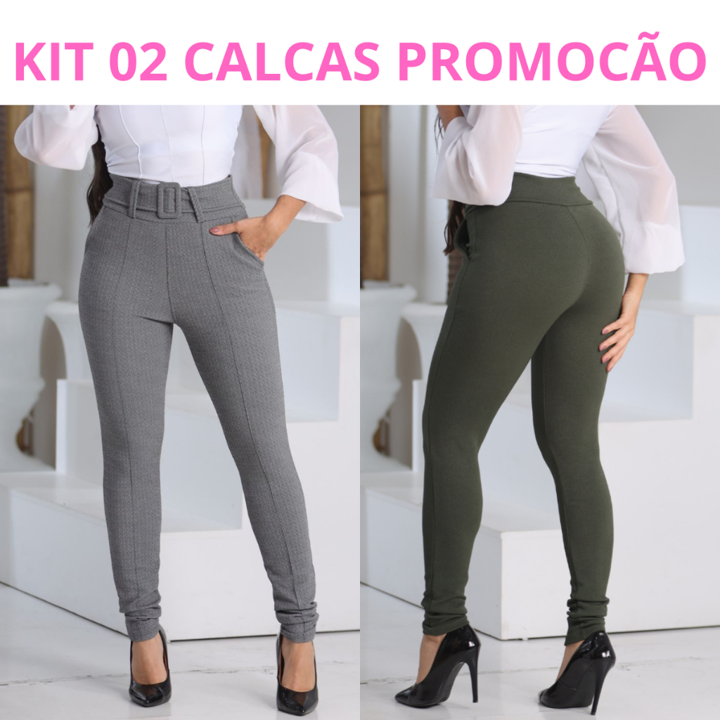 Kit 2 Calça Feminina Crepe Calca Com Cinto Forrado Skinny Cintura Alta Social Bolso em Oferta na Shopee