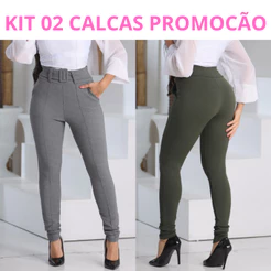 Kit 2 Calça Feminina Crepe Calca Com Cinto Forrado Skinny Cintura Alta Social Bolso
