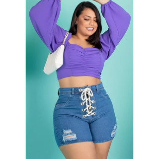 Short jeans Plus Size Hot-Paint C/ Lycra + Cordão Exclusivo