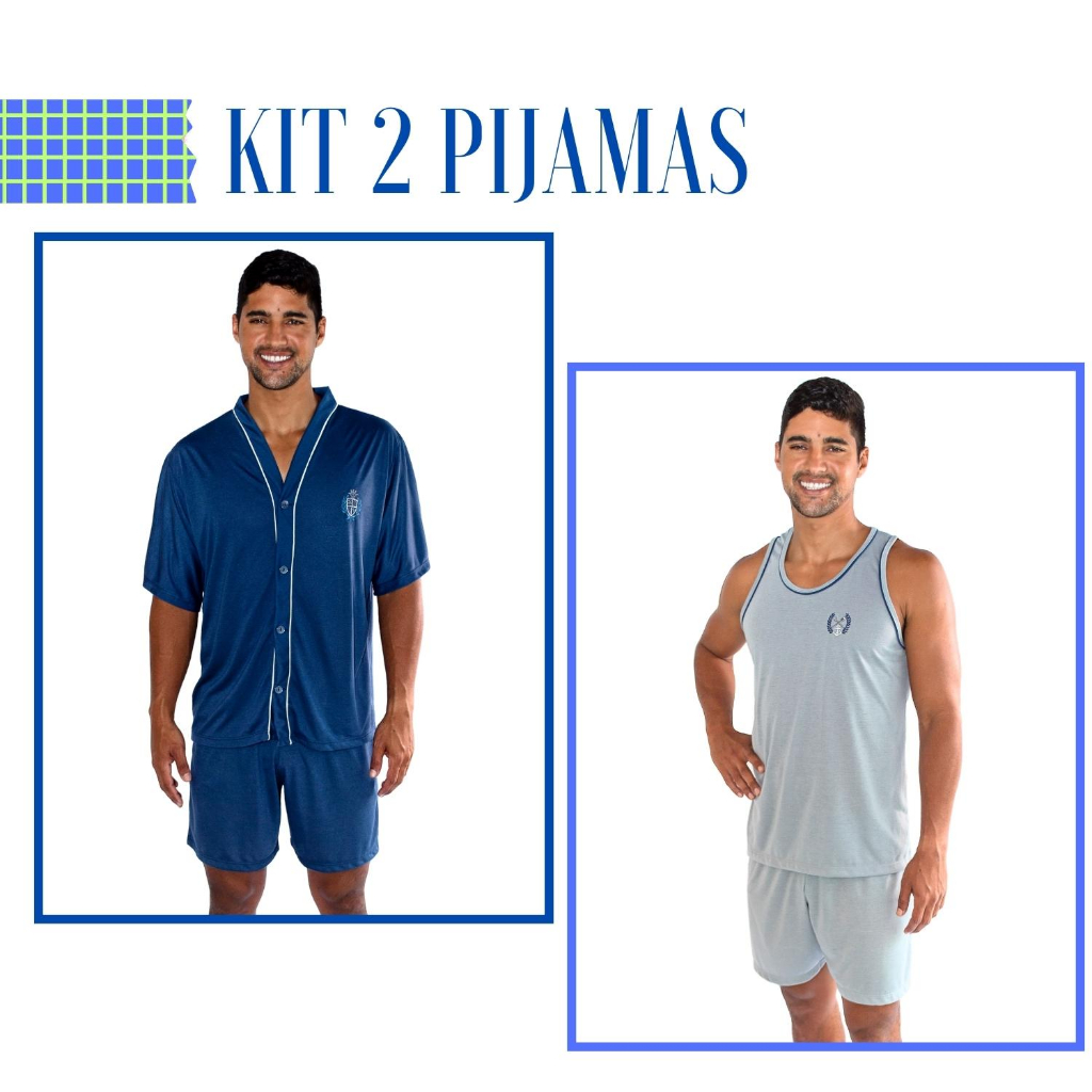 Kit 2 Pijamas Adulto Masculino De Verão Com Manga Curta e Short + Regata e Short