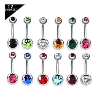 Kit12 Piercing de Umbigo Orelha Aço Cirúrgico Hipoalergênico Com 2 pedra Zircônias