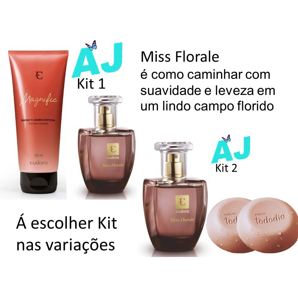 Miss Florale Perfume Eudora Kit com sabonete á Escolher nas Variações ( Kit 1 Magnifc Sabonete Líquido Corporal Eudora ou Kit 2 Sabonete Tododia Natura Tâmara e Canela )