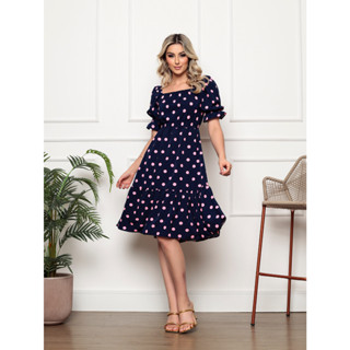 Vestido Feminino | crepinho com Elastec l Bolinha 2cm l Ombro à Ombro.