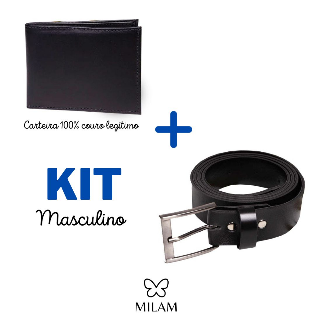 Kit Masculino | Carteira masculina 100% couro legítimo e Cinto tradicional luxo social masculino em couro sintético