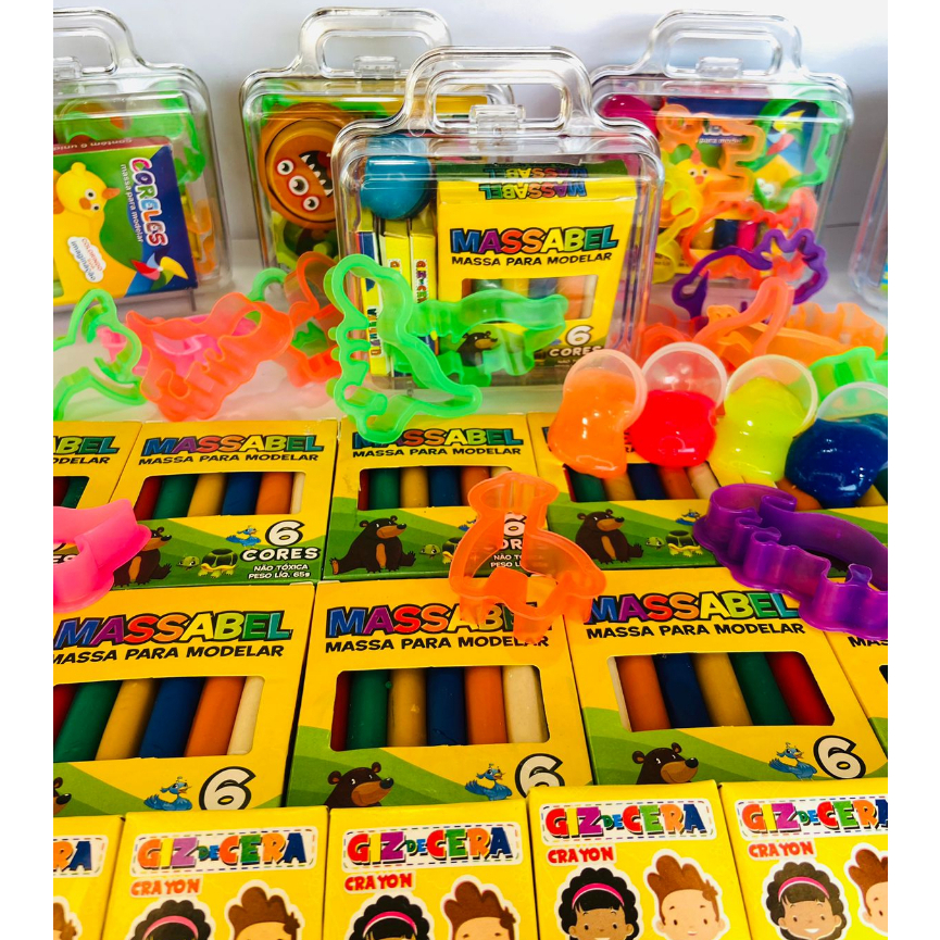 Kit 25 Maletinha Cristal Acrilico + Massinha Modelar + Forminha Cortadores + Geleca Slime + Giz Cera em Oferta na Shopee