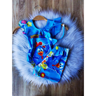 Conjunto Bodys Temático Infantil Menina Galinha Pintadinha Azul +Short +Tiara