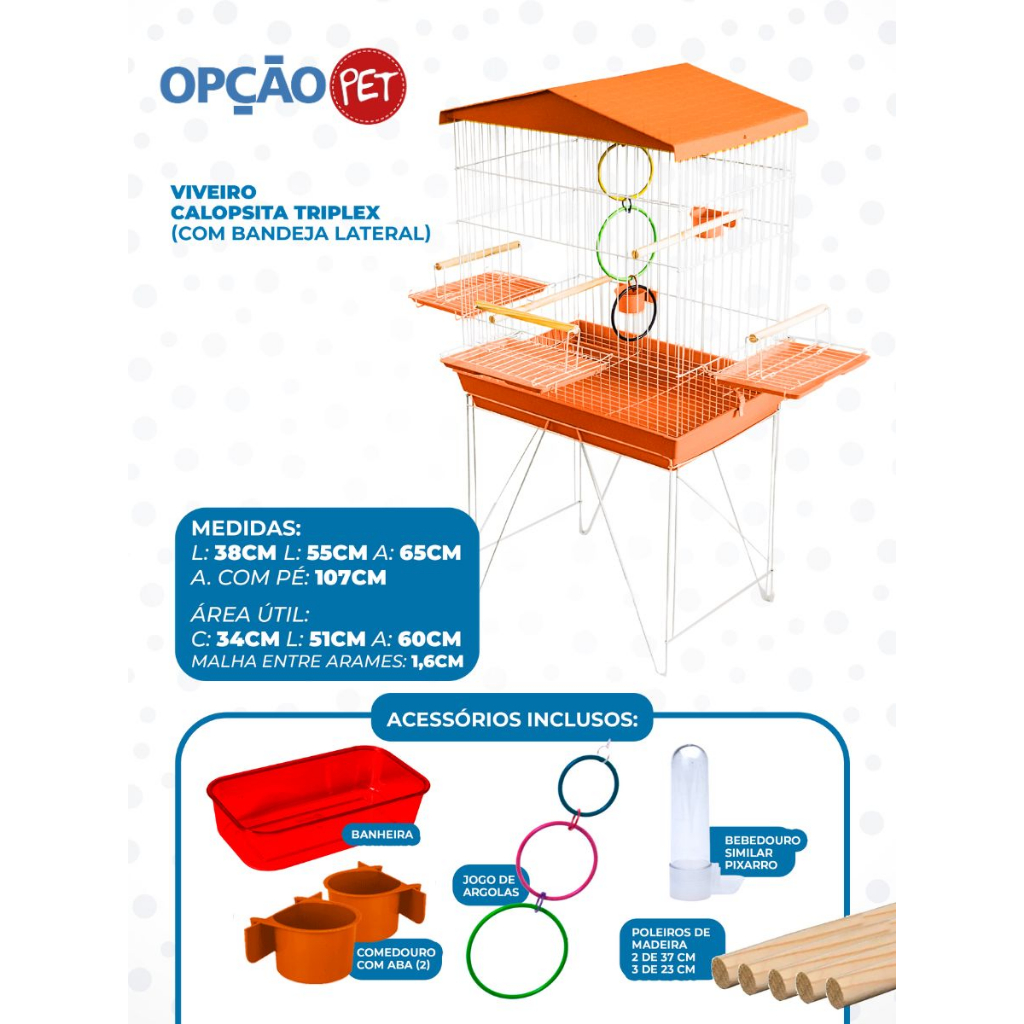 Viveiro Tríplex Grande para calopsita, papagaio e pássaros médios, com jogo de argola colorida na cor Laranja OPÇÃO PET
