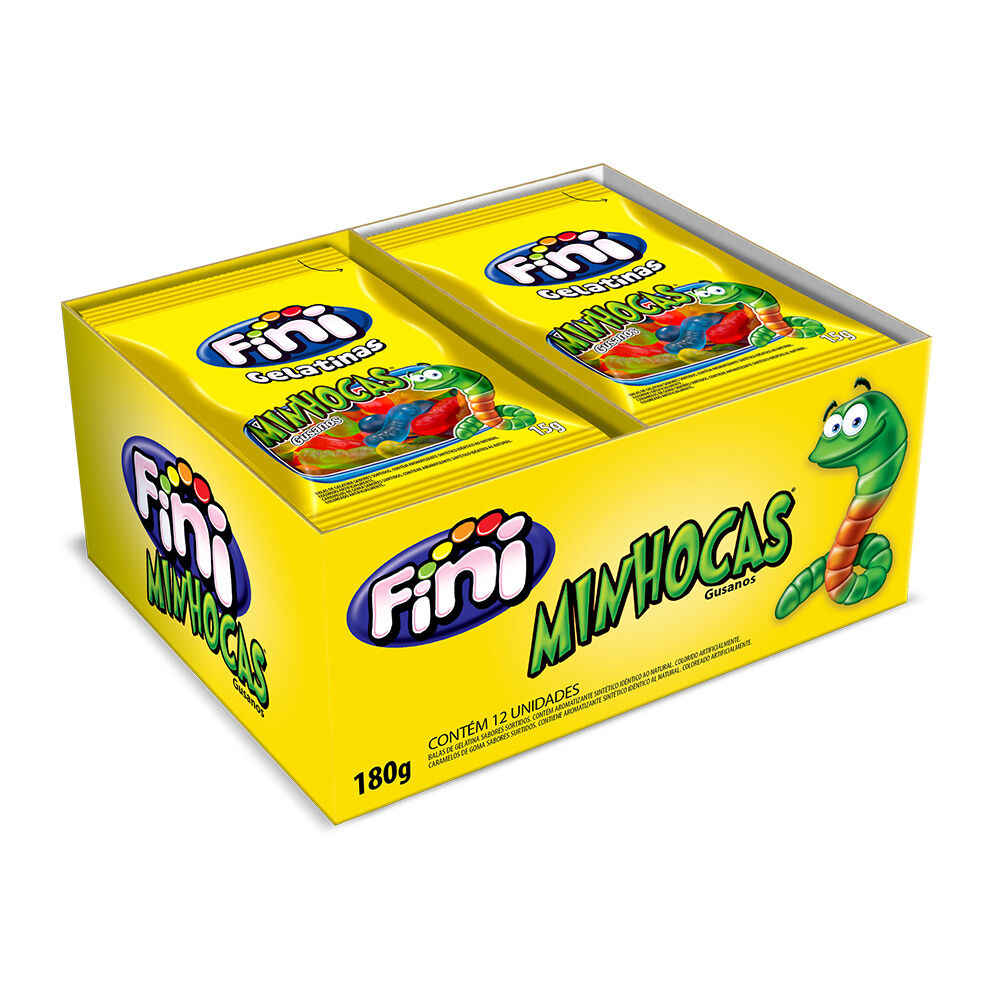 Bala Goma Jujuba Minhocas Gelatinas Brilho caixa com 12 unidades de 15g - Fini
