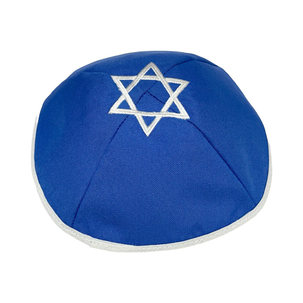 kipa judaico importado de Israel na cor Azul com a estrela de Davi bordada em Branco