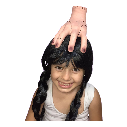 Kit Vandinha Peruca Mãozinha Wandinha Fantasia Halloween