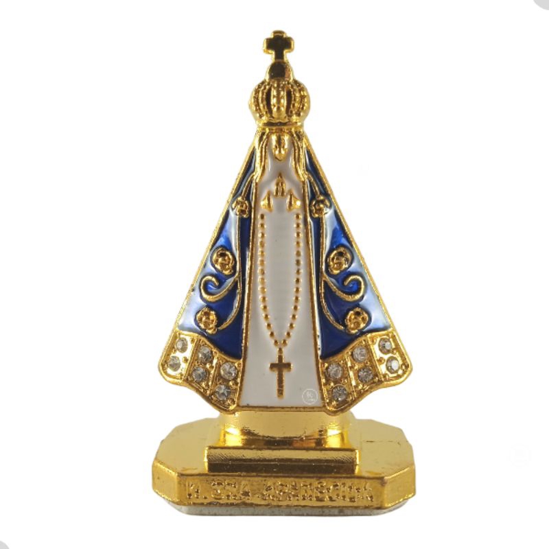 Imagem enfeite de Nossa Senhora Aparecida em metal adesivado para painel de carro escritório casa
