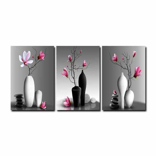 Kit Quadros Decorativos Mosaico 3 Peças Trio Vaso de Flores Flor Floral Modular Moderno Vintage Lindo Hipismo Minimalista Sala Quarto Escritório Banheiro Abstrato Orquídea Rosa Antigo Conceitual Lindo
