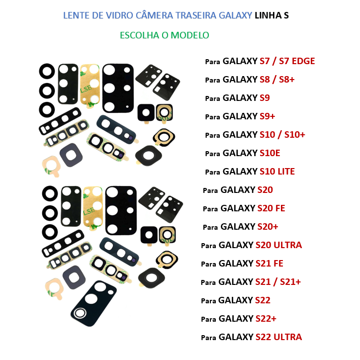 Lente Vidro Da Câmera TraSeira Para Samsung Galaxy S7 / S8 / S9 / S10 Plus / S10e / S20 / S20Ultra / S21 / S21+ / S22 / S22+ / S23 Fe
