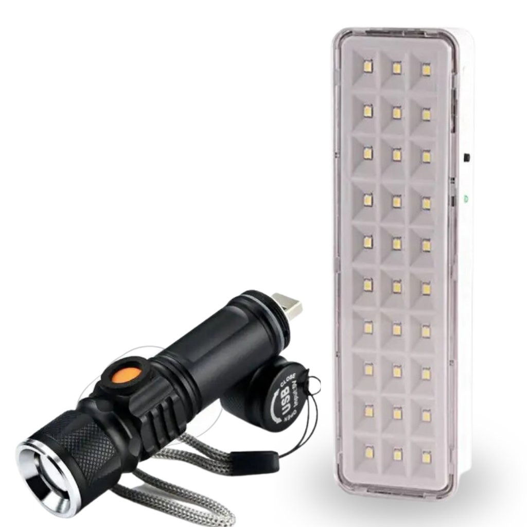 Kit iluminacao de emergencia Luminaria 30 LEDs + Lanterna de Super LED + Chaveiro LED