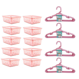 Kit 10 Cestos Organizadores Pequeno 16x12x6cm + 20 Cabides Infantil Cesta Organizadora Multiuso