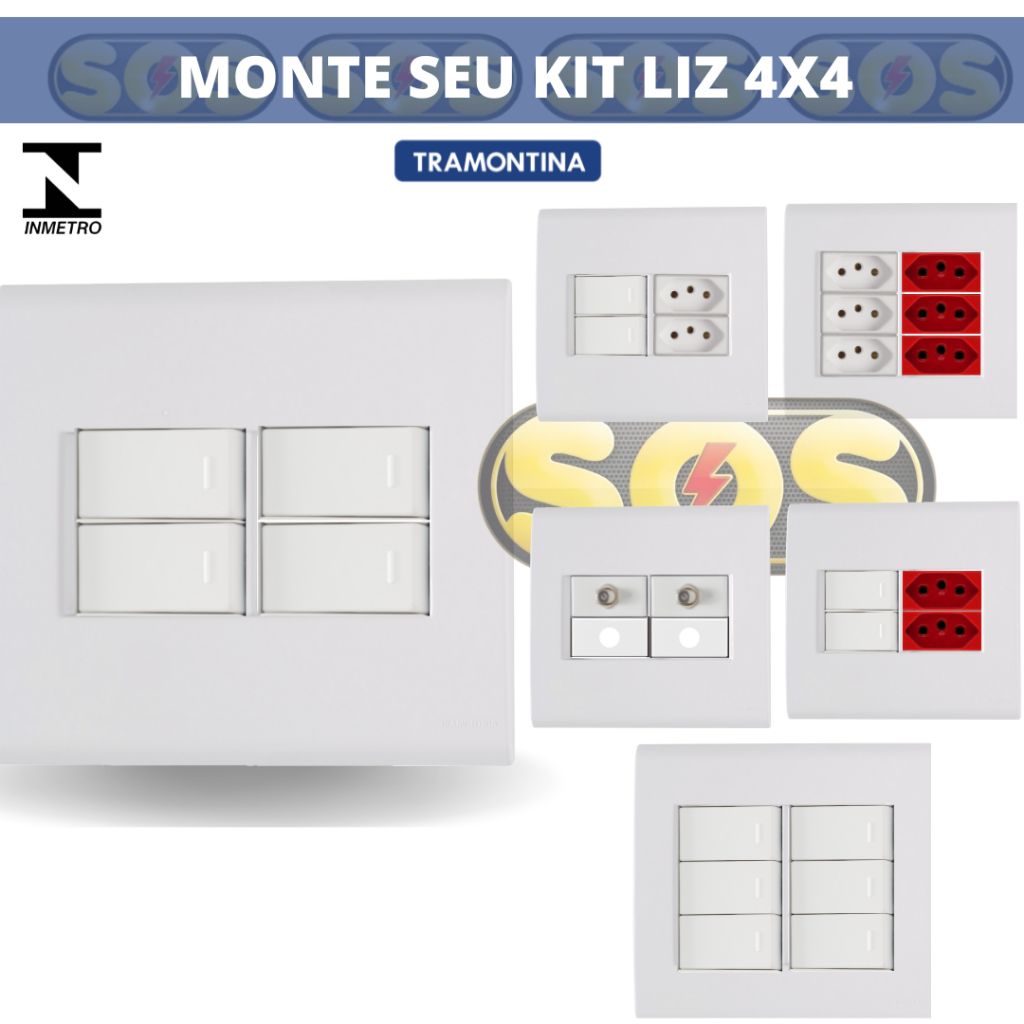 Conjunto 4x4 tomadas e interruptores Liz Branca Tramontina