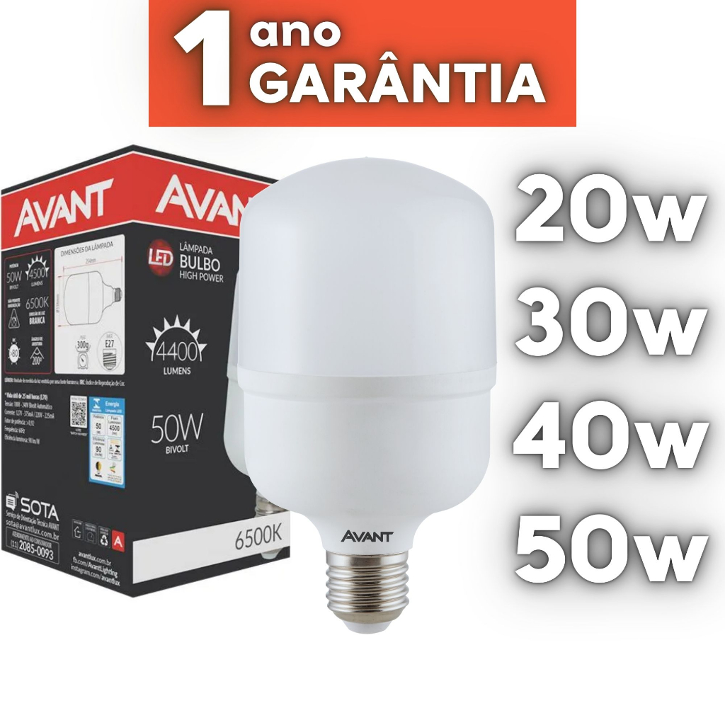 Lâmpada Led Super Bulbo 9w, 15w, 20w, 30w, 40w, 50w E27 Bivolt 6500K Branco Frio Alta Potência Avant ORIGINAL (1 Ano de Garantia)