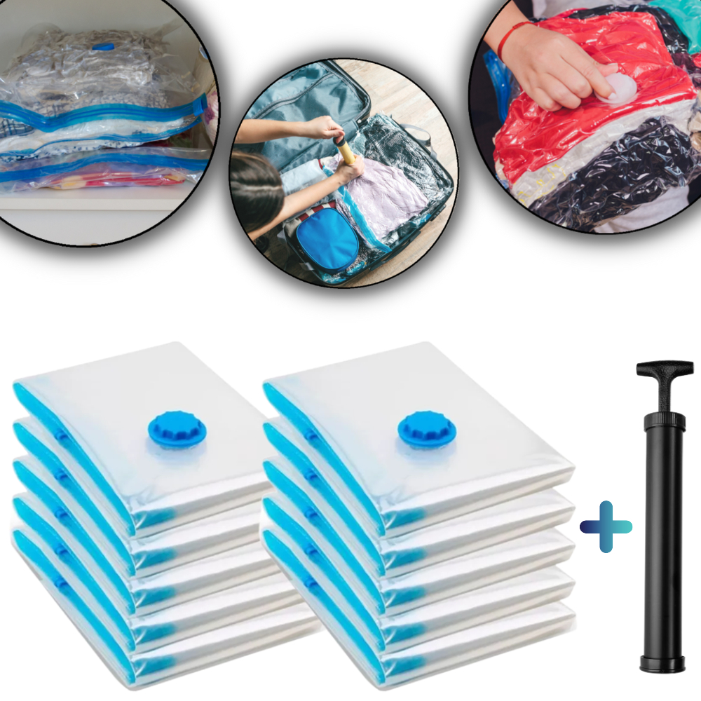 Kits Com 3, 5, 8, 10 Ou 12 Sacos Organizador À Vácuo Herméticos C/ Válvula Protetor Roupa Casaco Blusa Travesseiro Cobertor Edredom Mala Guarda Roupa Viagem 50X60 cm + Bomba Bombinha de Sucção