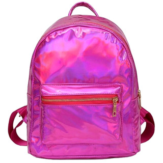 Mochila Feminina Média Metálica Holográfica Escolar Passeio Casual Moda Fashion Tendência