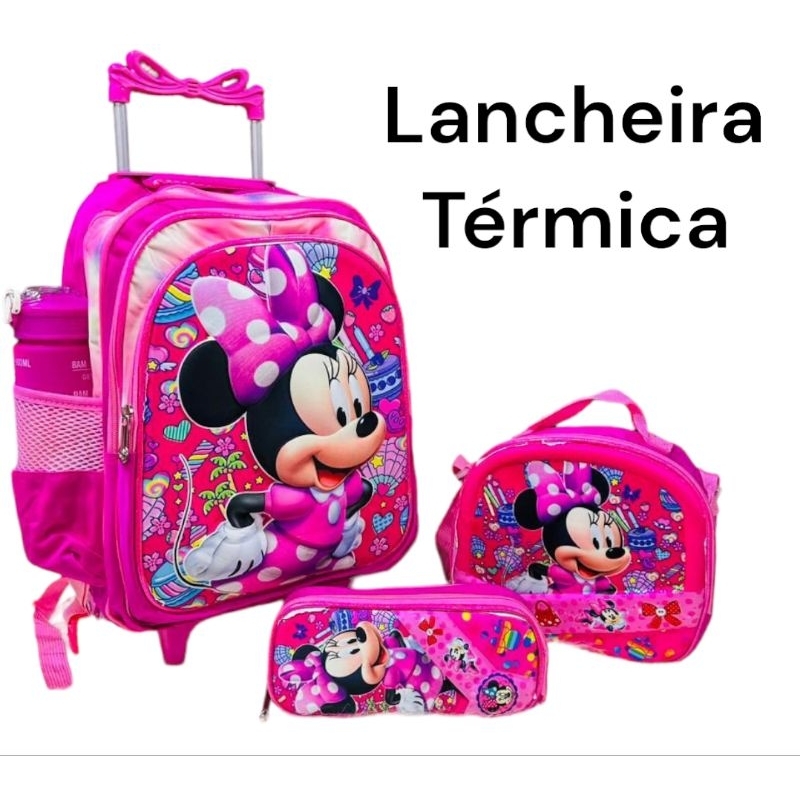 Kit Mochila Infantil Escolar da Mini 3D / alto relevo rodinhas de silicone + lancheira térmica + estojo grande