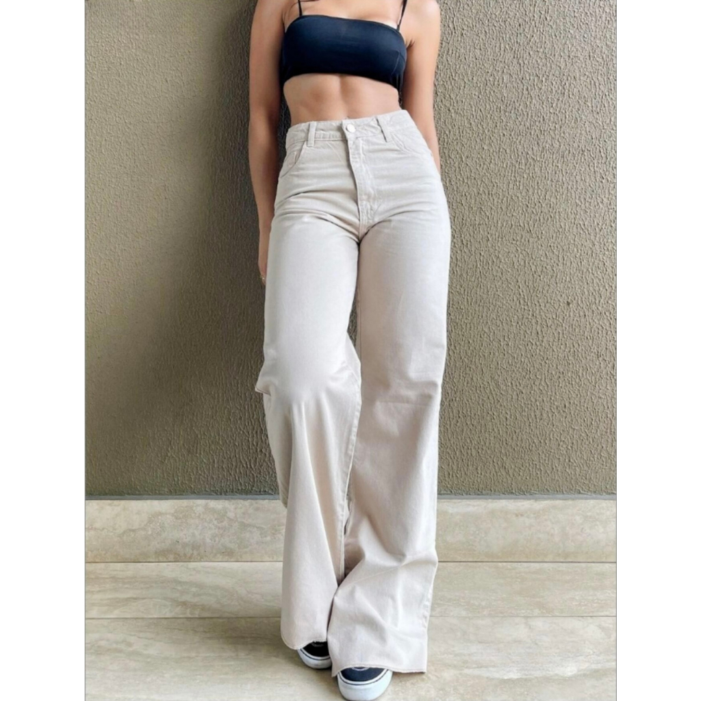 Calça Feminina Jeans Wide Leg Cintura Alta Tecido Grosso muito bom Pantalona Linha Premium 100% Algodão em Oferta na Shopee