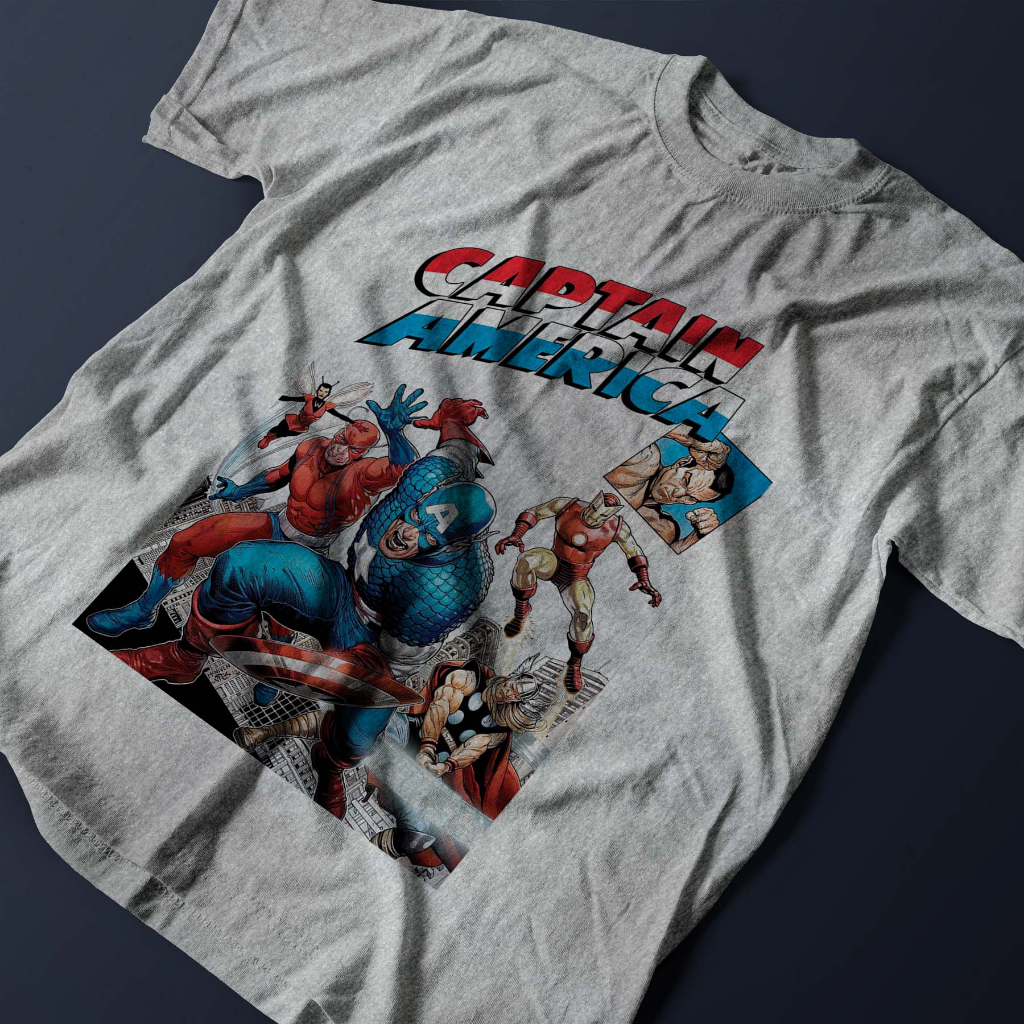 Camiseta Masculina Estampada Personagens Quadrinho Marvel Clássico Capitão América Homem de Ferro Formiga Herói Capa