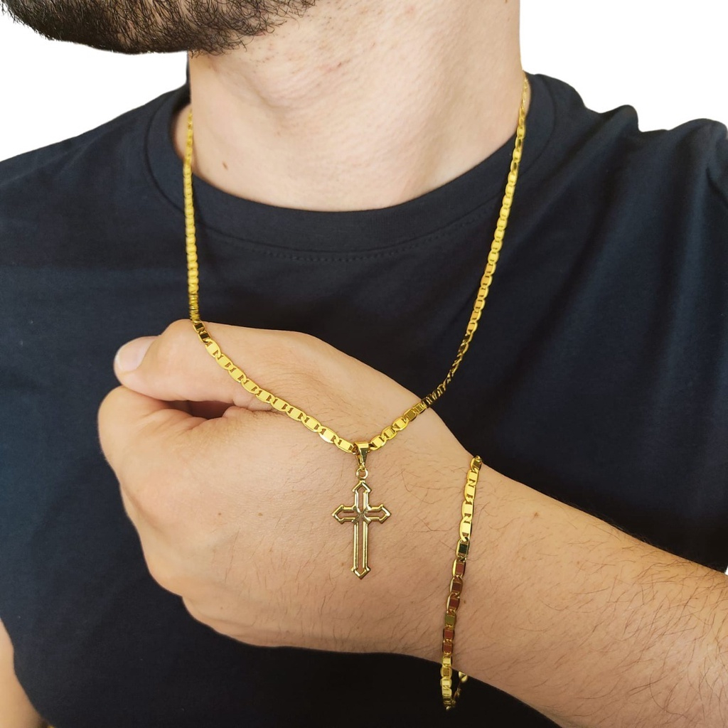 Cordão e Pulseira Italiana Piastrine Masculina 100% Moeda Antiga + Pingente Cruz Vitoriana