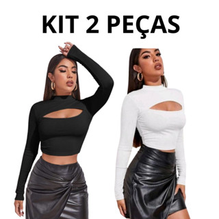 Kit 2 Cropped Manga Longa Decote Vazado