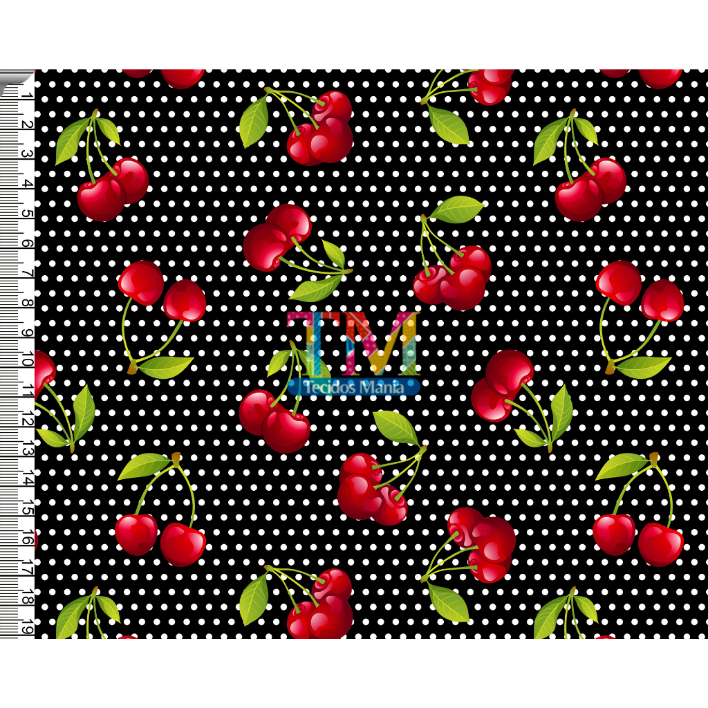 Tecido tricoline, microfibra ou gabardine estampado - Cereja - bolinha - fundo preto - 0.50 cm