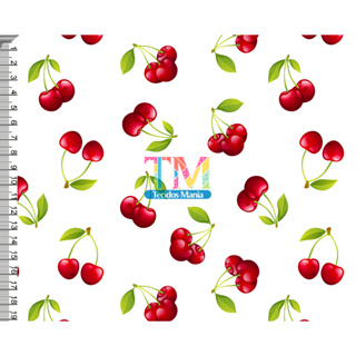 Tecido tricoline, microfibra ou gabardine estampado - Cereja - fundo branco - 0.50 cm em Oferta na Shopee