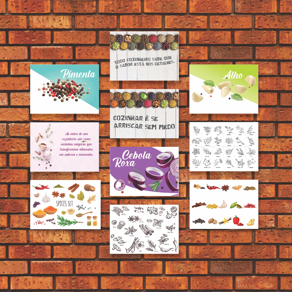 Kit 10 Placas Quadros Decorativos 28x20cm Temperos Especiarias Cozinha Cebola Pimenta Alho Q59