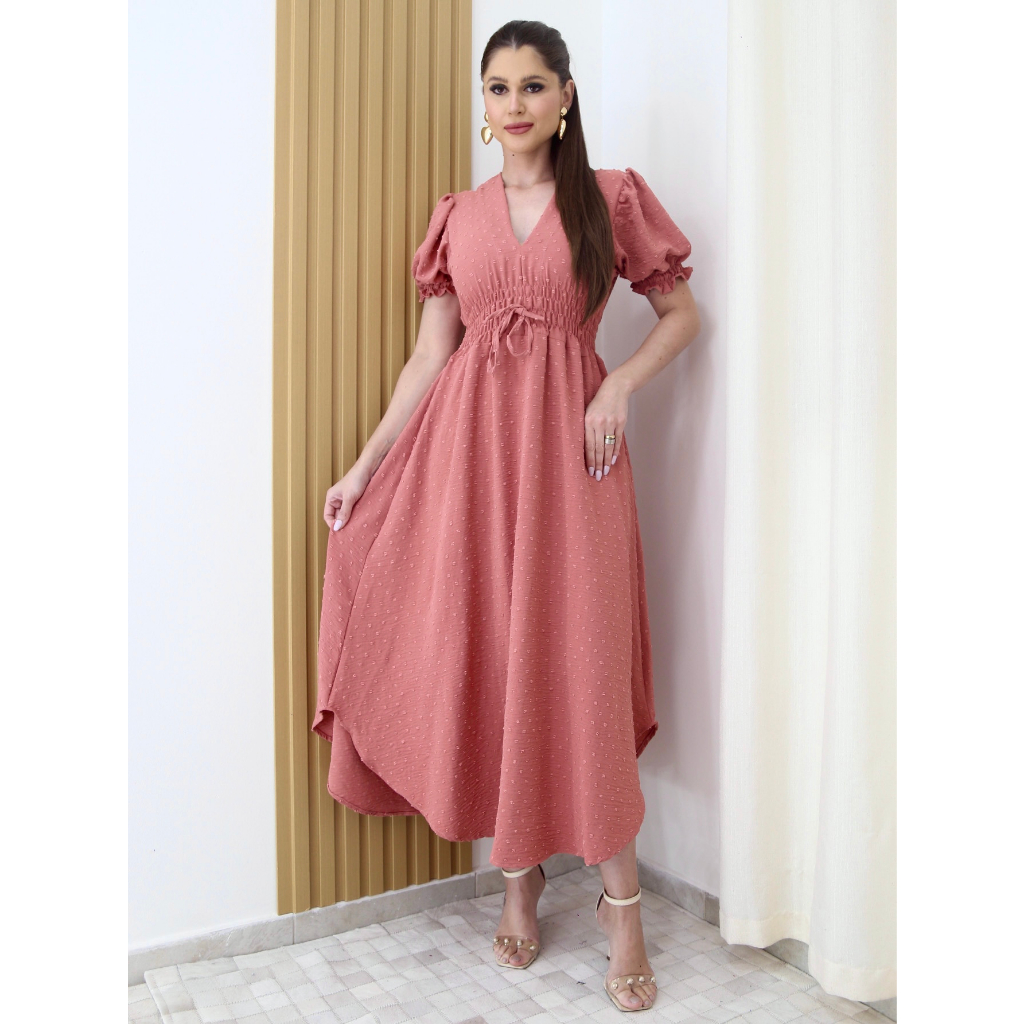 A&D Vestido Duna Pipoca Tem Forro  Manguinha Com Cintura Nas Costas em Oferta na Shopee