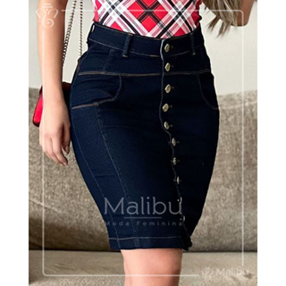 Saia Feminina Jeans  Escuro Reta Secretária com Botoes Moda Evangelica em Oferta na Shopee