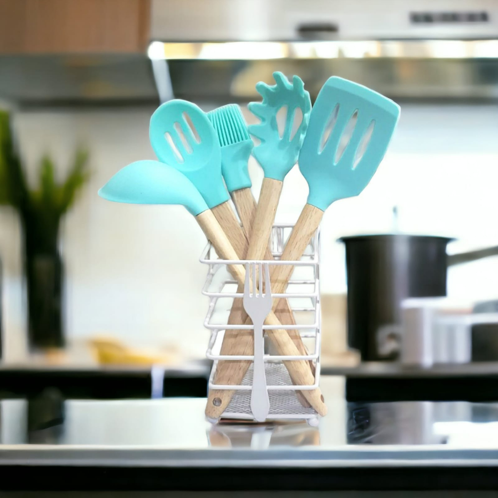 Kit De Utensílios De Silicone Com Cabo de Bambu