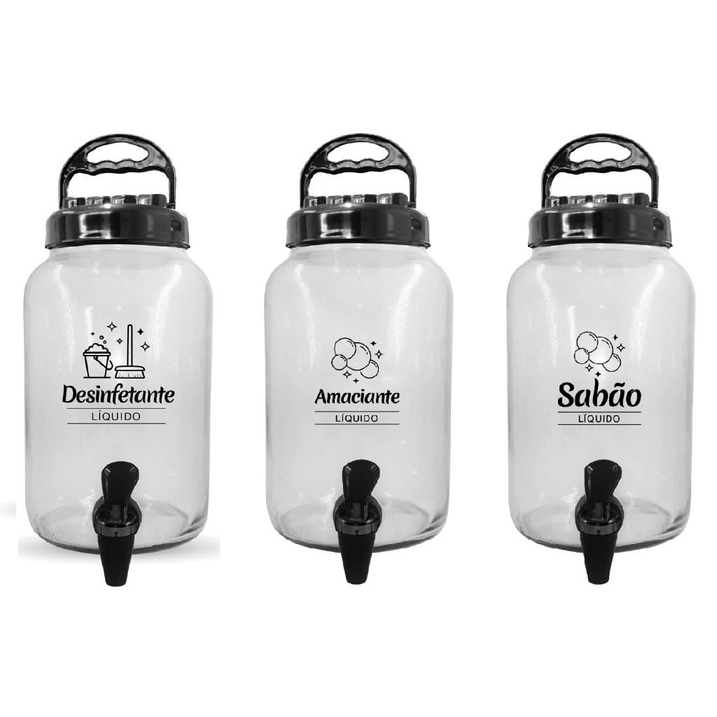 Kit Lavanderia 3 Peças de Vidro - Porta Sabão Líquido, Amaciante e Desinfetante com Tampa e Torneira