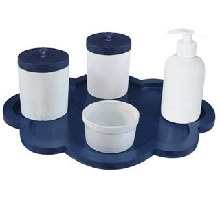 Kit Higiene Porcelana Quarto do Bebê Azul Marinho com tampa em Madeira a Pronta entrega