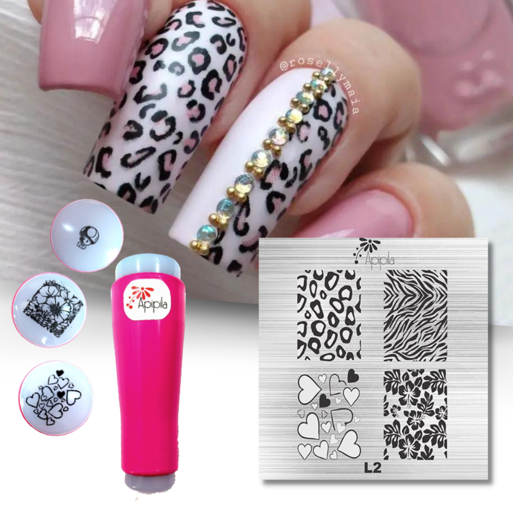 Kit Placa para Carimbo de Unhas Apipila Animal Print + Carimbo Duplo