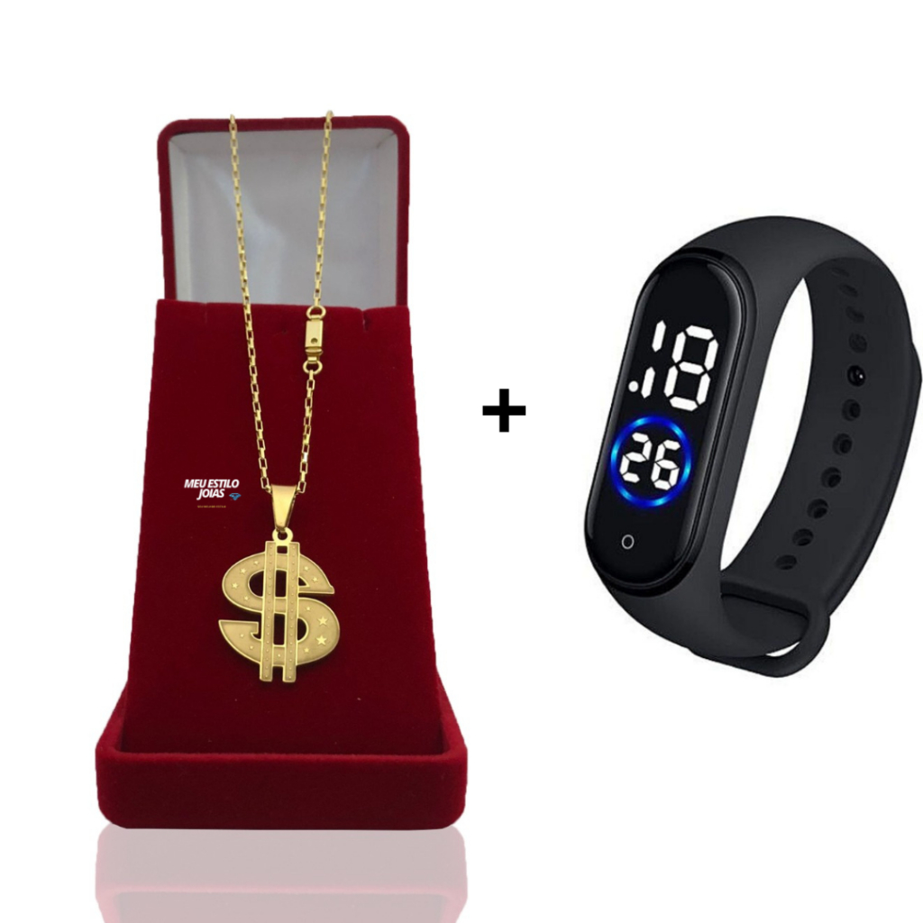 Corrente Infantil Menino Cordão Tijolinho - 1.5mm banhado Ouro 18 k com Pingente  Cifrão +  Relógio De Pulso Digital Com LED Prova D'água Corrente Masculina Infantil