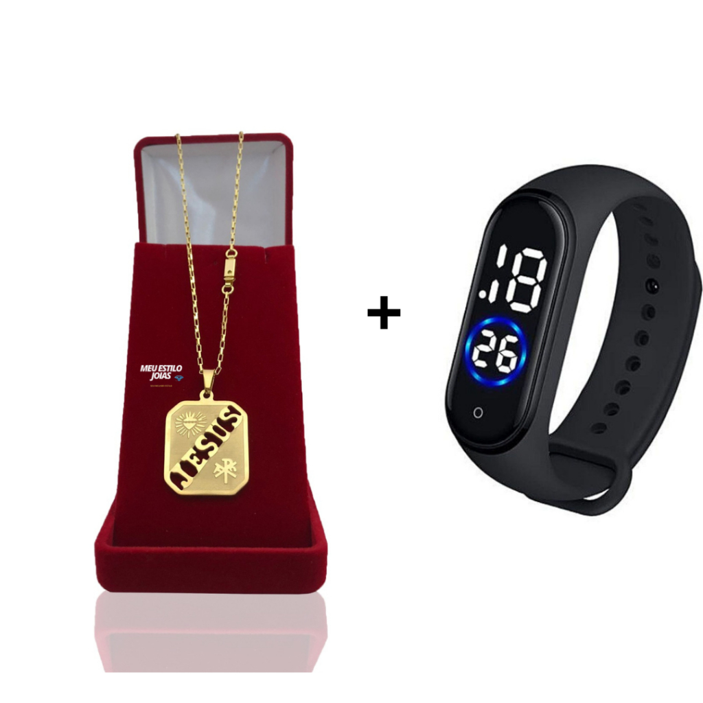 Corrente Infantil Menino Cordão Tijolinho - 1.5mm banhado Ouro 18 k com Pingente Escrito Jesus   +  Relógio De Pulso Digital Com LED Prova D'água Corrente Masculina Infantil