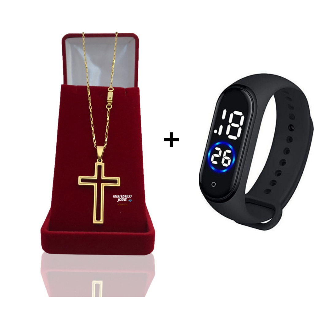 Corrente Infantil Menino Cordão Tijolinho - 1.5mm banhado Ouro 18 k com Pingente Cruz Vasada  +  Relógio De Pulso Digital Com LED Prova D'água Corrente Masculina Infantil